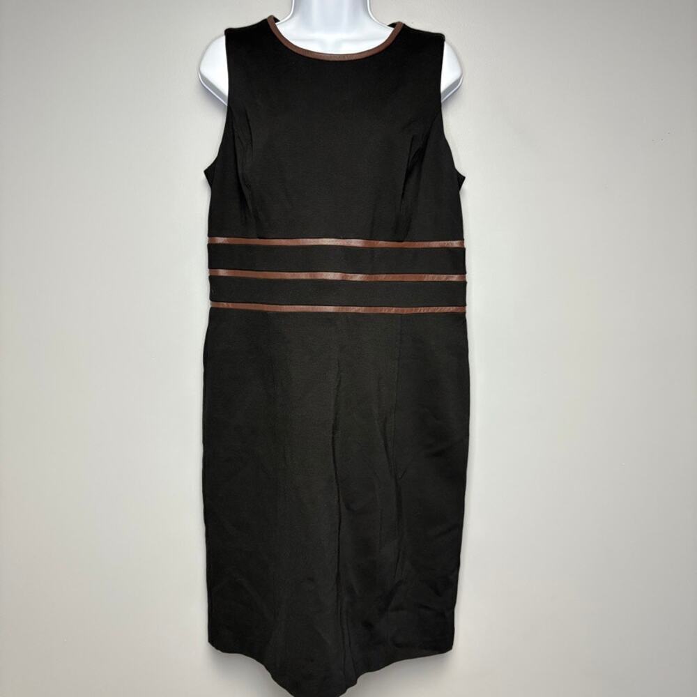 Lauren Ralph Lauren‎ Black Sleevless Knee Length Dress w/ Leather Trim Sz 14